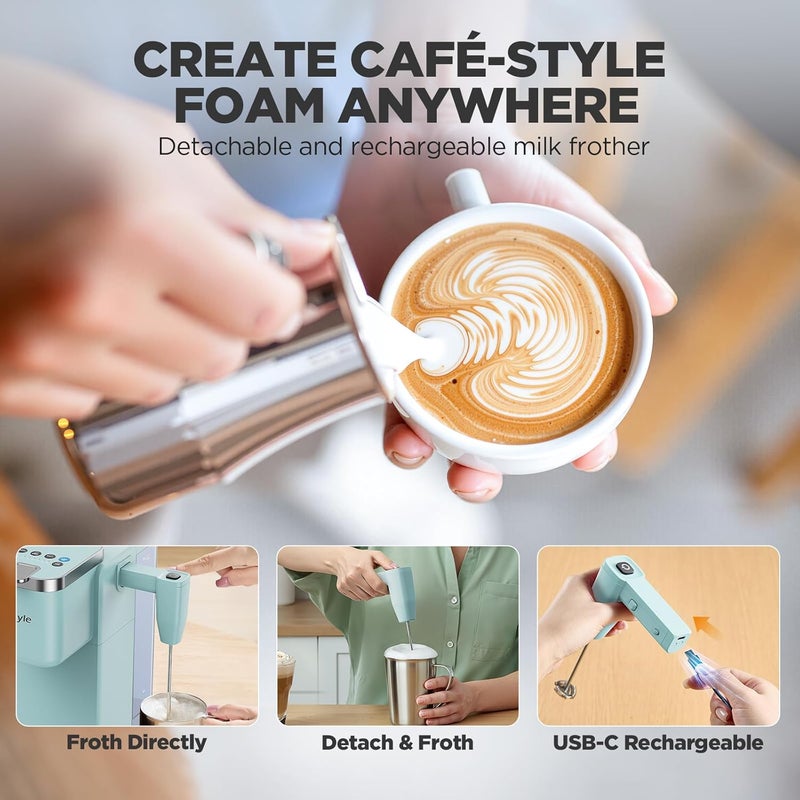 Tastyle Single Serve Coffee Maker with Built-in Detachable Milk Frother, Iced and Hot Coffee Machine for K Cup & Grounds, 40oz Removable Water Reservoir, 6 Cup Sizes, Fits 7.3" Travel Mug, Teal - Image 4
